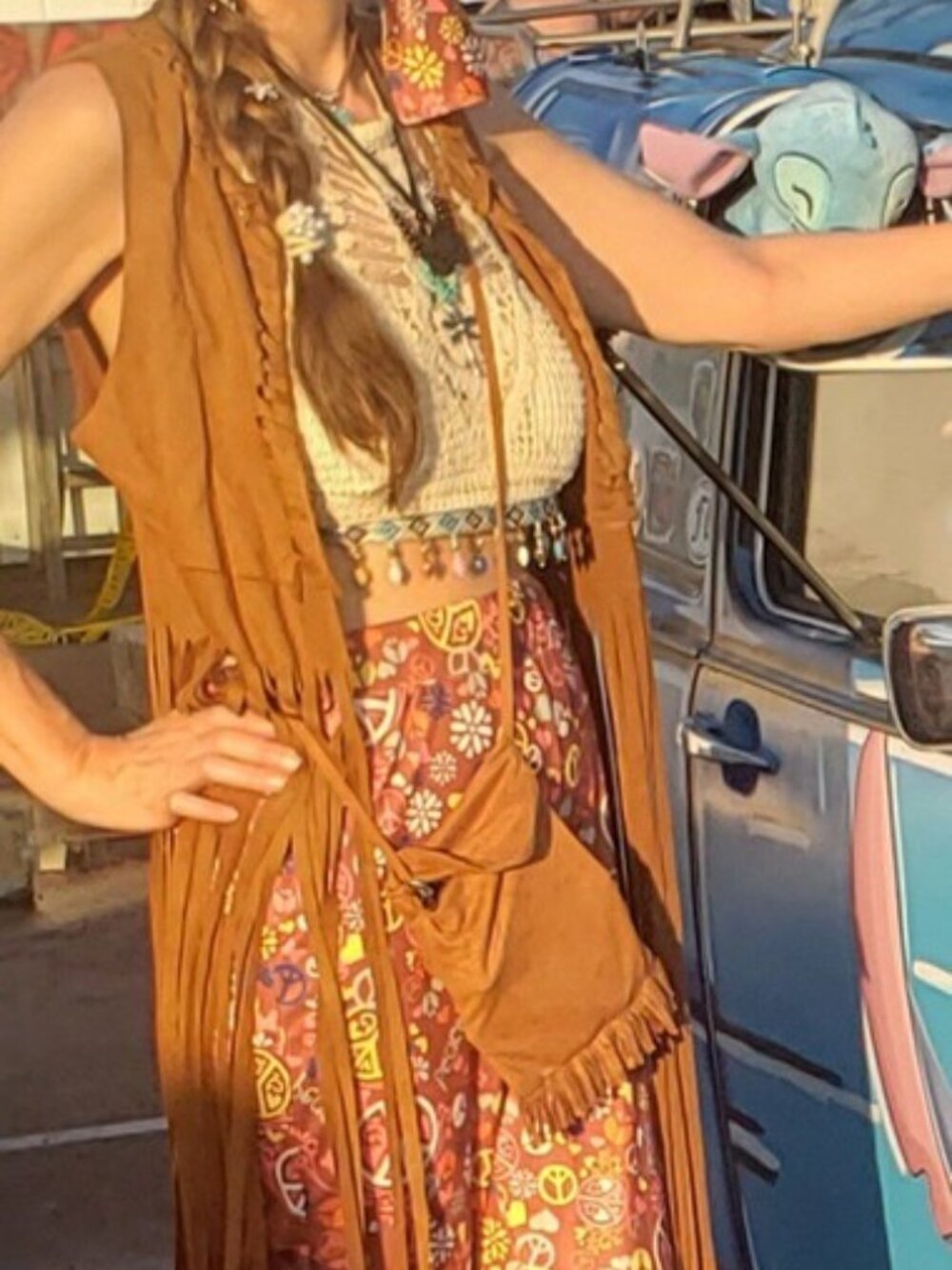 Hippie Costume Fringe Vest And Crossbody Pouch, Pants, And Accessories